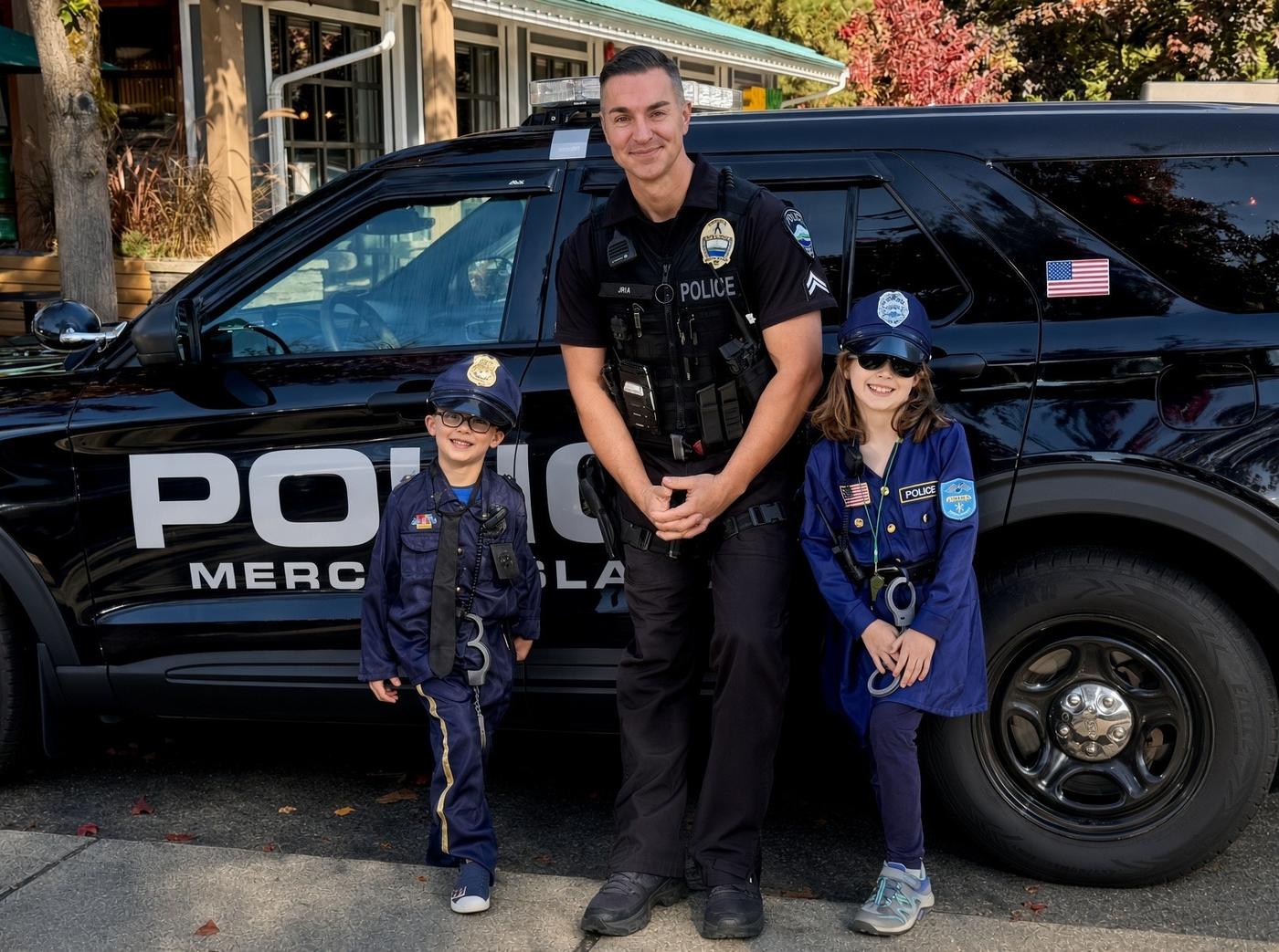 A Mercer Island police officer stands with two children dressed in police uniforms beside a Mercer Island patrol car.